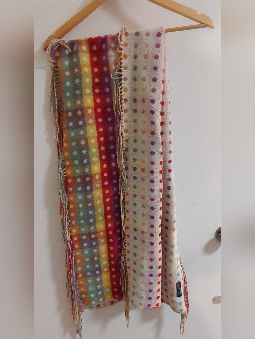 Cashmink Multicolor Polka Dot Plaid Fringe Scarf - Picture 2 of 5